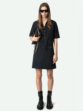 Zadig & Voltaire Lace up Utility Mini Sporty Shirt Dress in black cotton